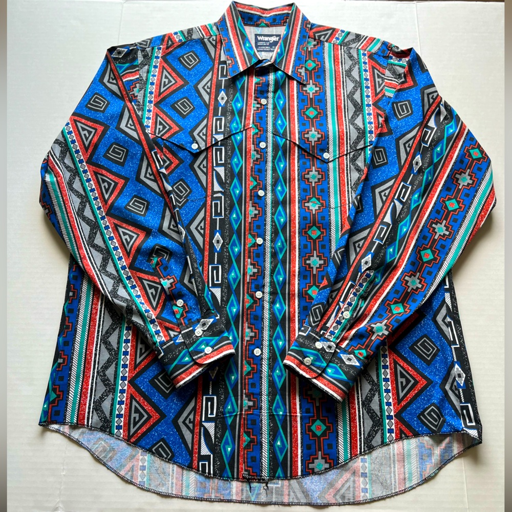 Wrangler 17 35 Long Sleeve Aztec Navajo Print Western Rodeo Cowboy Cut Shirt